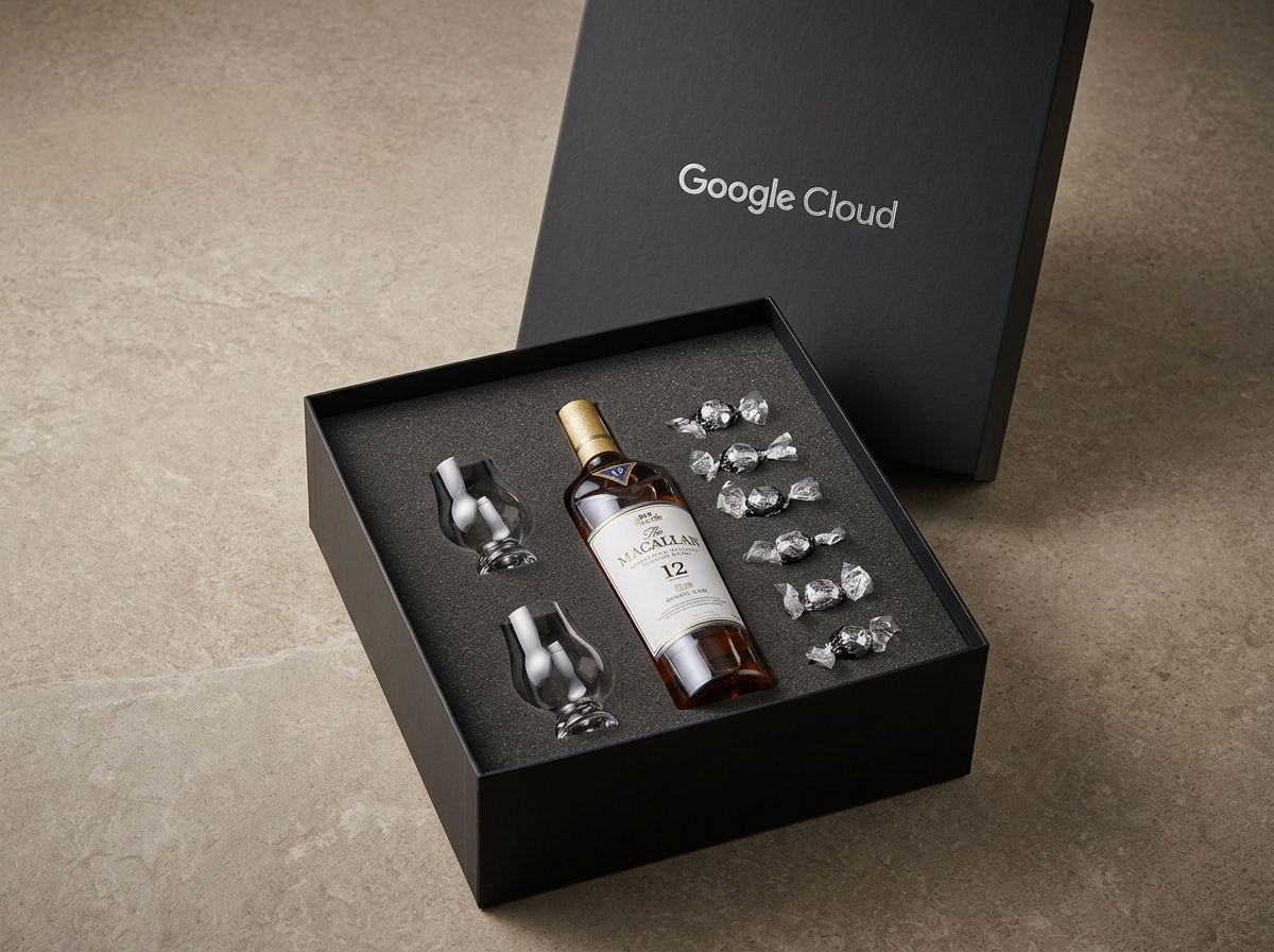 A custom presentation gift box with engraved glassware and stationery arranged as one branded recognition collection