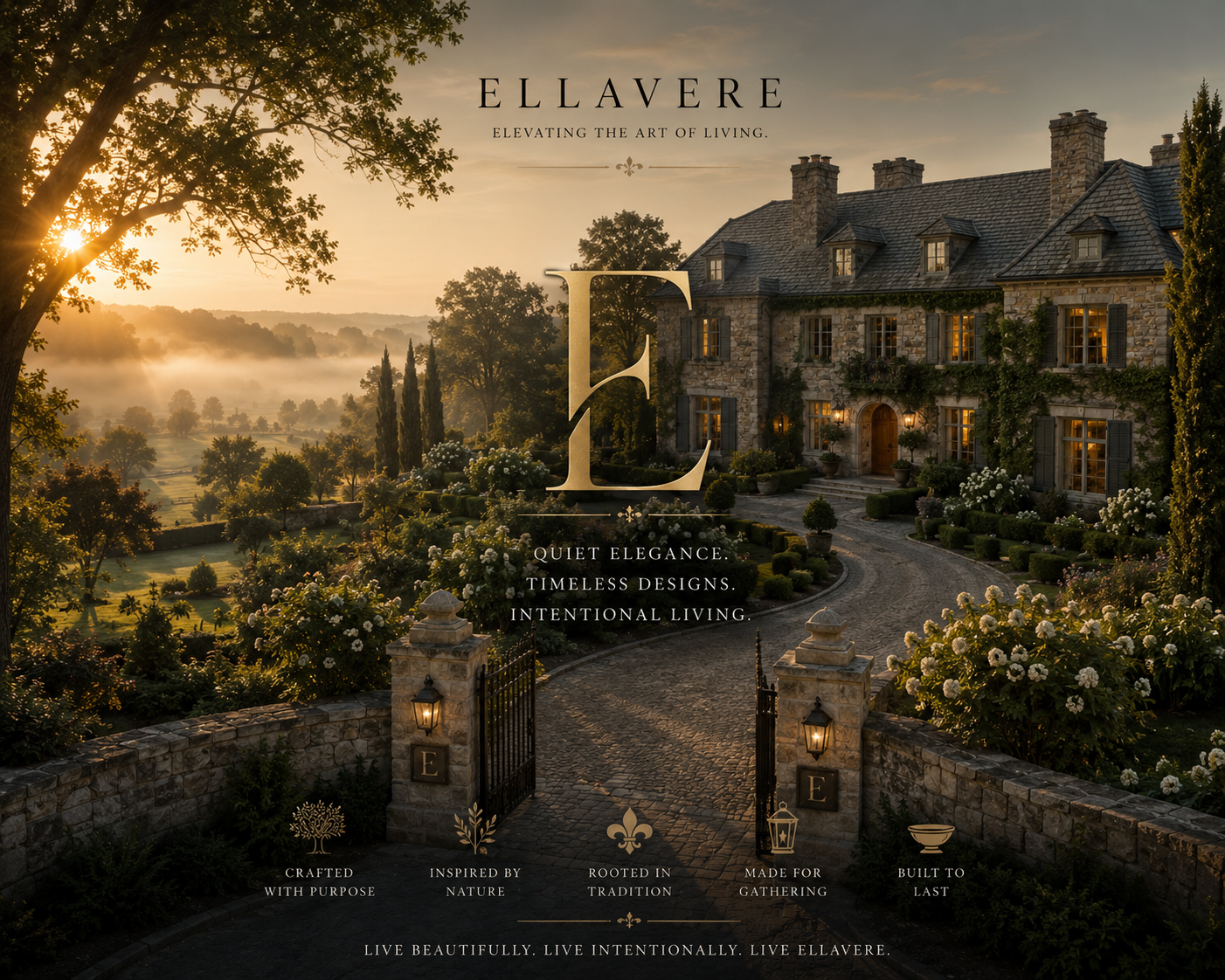 Ellavere estate brand lockup over a stone manor at sunrise, with gold monogram, tagline and crest details