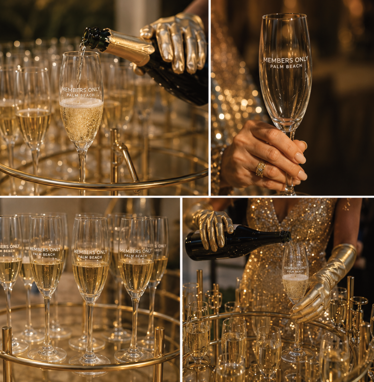 Four-part collage of Members Only Palm Beach engraved champagne flutes on gold bar carts, poured by a host in a gold sequined gown and gold gloves