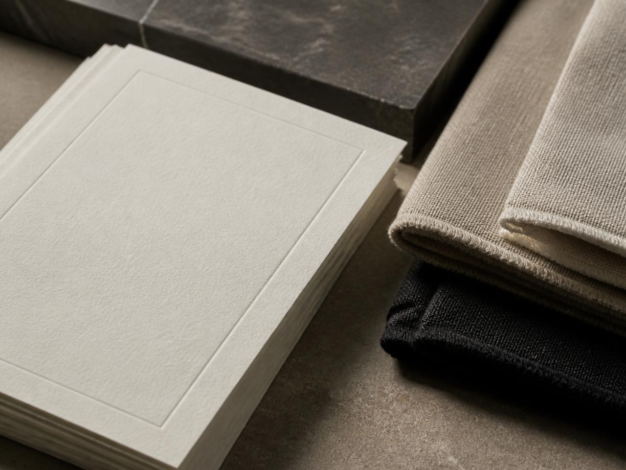 unbranded ivory printed collateral and taupe paper stock arranged on a warm plaster surface